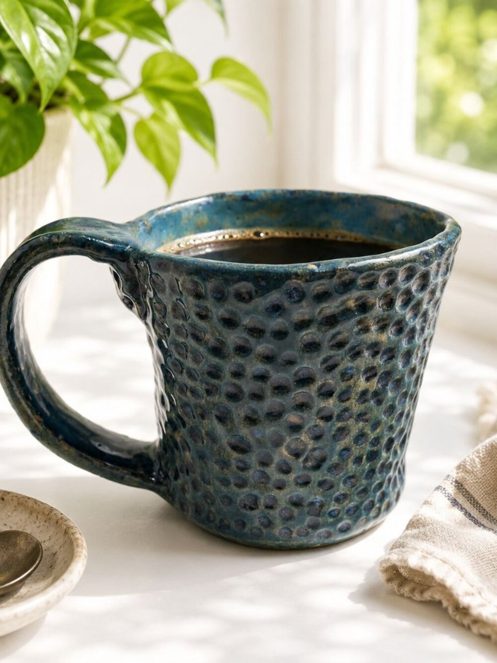 Vintage Handcrafted Blue Textured Ceramic Mug Artisanal Rustic Pottery Cup 10 oz